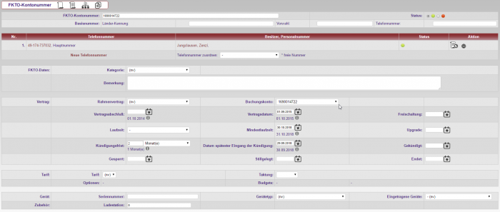 Detailansicht FKTO-Kontonummer (Vertragsdaten)