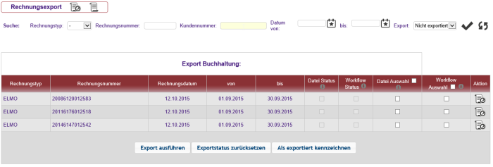 Ansicht Rechnungsexport (nicht exportierte Rechnungen)